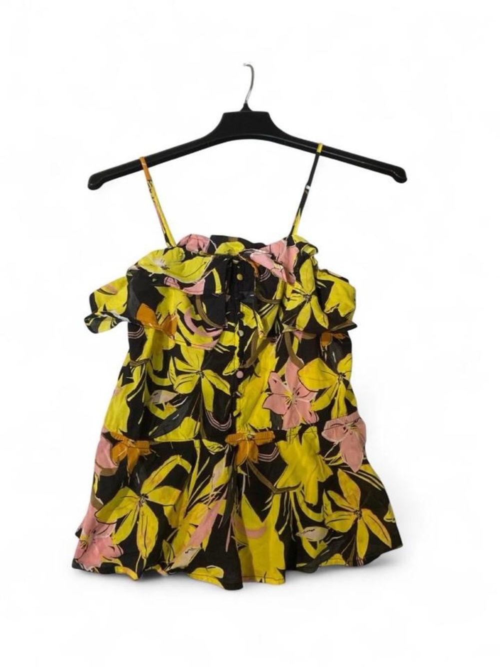 Who What Wear Black Floral Ruffle Cami with Yellow & Pink Blooms
